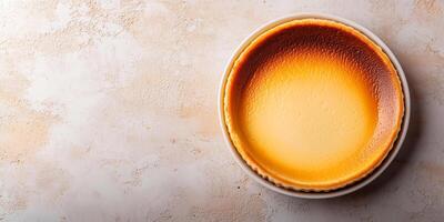 Flan in a wide, shallow dish with a consistent, smooth surface, gastronomy photography photo