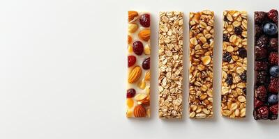 Fruit and nut bars arranged in a row, showcasing visible ingredients, gastronomy photography photo
