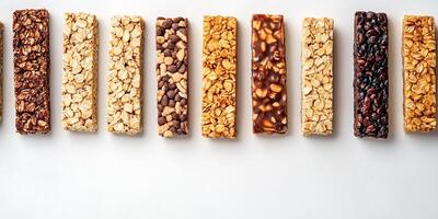 Granola bars arranged in a row, showcasing texture and ingredients, gastronomy photography photo