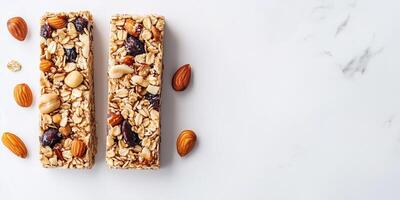 Granola bars cut in half, displaying cross-sections, photorealistic food photo