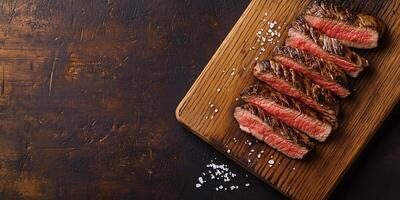 Grilled steak sliced on a cutting board with scattered coarse salt, photorealistic food photo