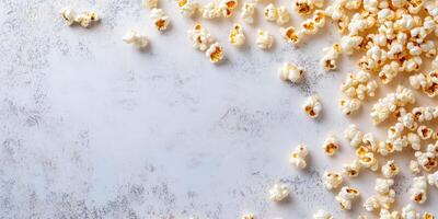 Kettle corn arranged on a plain surface, with individual popped kernels easily visible, photorealistic food photo