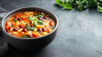 Minestrone soup in a deep bowl with visible vegetables, pasta, and beans, gastronomy photography photo