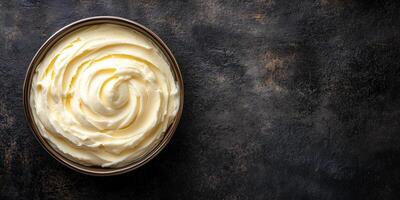 Mousse in a round dish with a smooth surface, no additional elements, gastronomy photography photo
