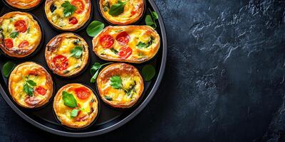 Mini quiches displayed in a circular design on a round serving dish, photorealistic food photo