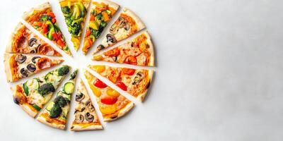 Vegetarian pizza slices arranged in a fanned-out pattern with visible toppings, gastronomy photography photo