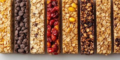 Several granola bars aligned side by side with visible ingredients, gastronomy photography photo
