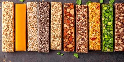 Several energy bars aligned, showing composition and texture, gastronomy photography photo