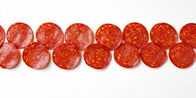 Several pepperoni slices aligned in a straight line with equal spacing, gastronomy photography photo