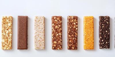 Protein bars in a row, showing consistency in size and shape, gastronomy photography photo