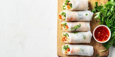 Spring rolls positioned in an orderly pattern on a flat serving board, photorealistic food photo