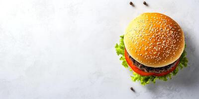 Small burger with patty and fillings, placed horizontally on a clean surface, photorealistic food photo
