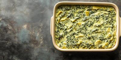 Spinach artichoke dip displayed in a rectangular container with even texture, photorealistic food photo