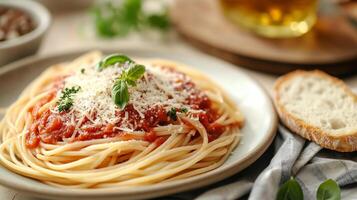 Spaghetti with tomato sauce and grated cheese on a plate, served with bread, photorealistic food photo