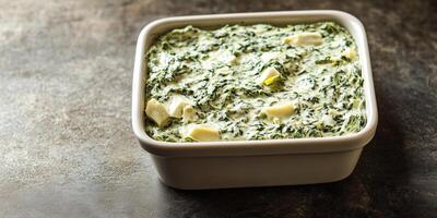Spinach artichoke dip displayed in a rectangular container with even texture, gastronomy photography photo