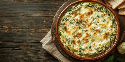 Spinach artichoke dip in shallow bowl with no additional elements or garnishes, photorealistic food photo