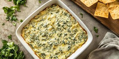 Spinach artichoke dip in square dish shown from above, no visible toppings, gastronomy photography photo