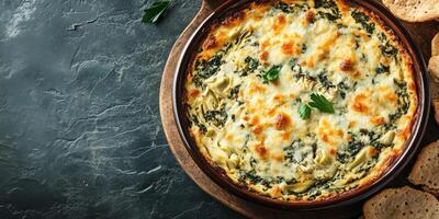 Spinach artichoke dip in a rectangular container, even texture, gastronomy photography photo