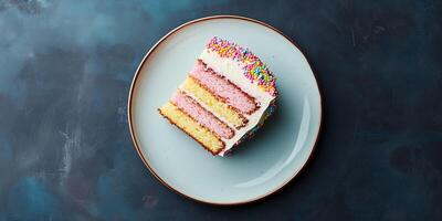 Multi-layer cake on a flat plate with minimal decoration, meal photography photo
