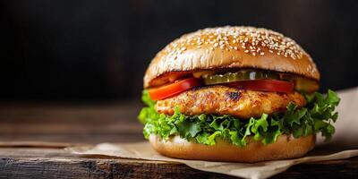 Close-up of chicken sandwich with visible filling, food setting photo