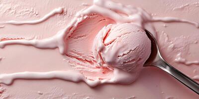 Close-up of a melting ice cream scoop, showing soft edges and textured surface, meal photography photo
