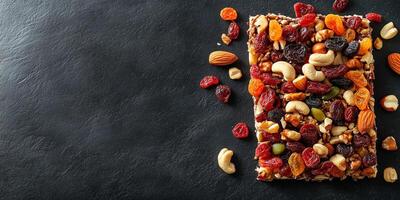 Fruit and nut bar broken into pieces, revealing dried fruits and nuts, meal photography photo