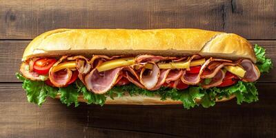 Close-up of sub sandwich, showing layers of meat, cheese, and vegetables, food setting photo