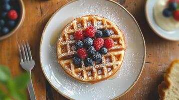 Gluten-free waffle placed in the center of a square breakfast plate, meal photography photo