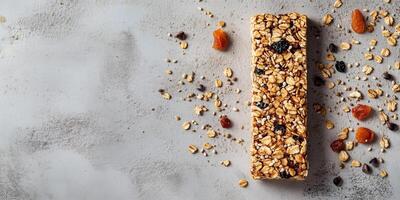 Granola bar on a flat surface with visible grains and seeds, food setting photo
