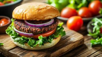 Grilled veggie patty with lettuce, tomato, and onions on a bun with a salad, meal photography photo