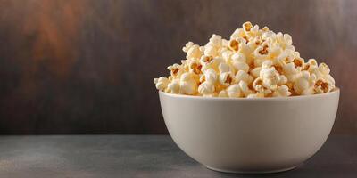 Large bowl of kettle corn, with popped kernels overflowing, food setting photo