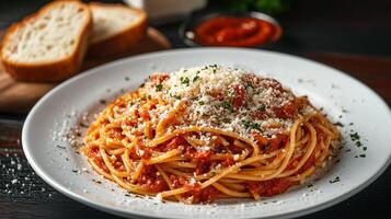 Plate of cooked spaghetti with tomato sauce and grated cheese, served with bread, meal photography photo