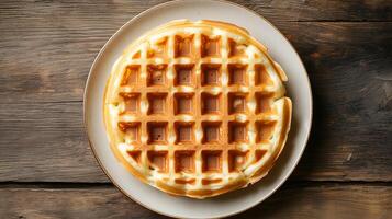 Plate holding a centered Belgian waffle, evenly spaced, food setting photo