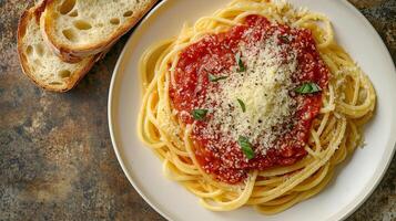 Plate of spaghetti with marinara sauce and grated cheese, served with bread, food setting photo