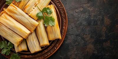 Plate of tamales with neatly wrapped corn husks, arranged side by side on a round dish, food setting photo