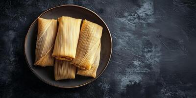 Portion of tamales with corn husks fully wrapped, arranged in a row on a simple, round dish, meal photography photo