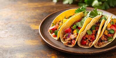 Portion of tacos with folded tortillas, showing the fillings inside, on a plain plate, food setting photo