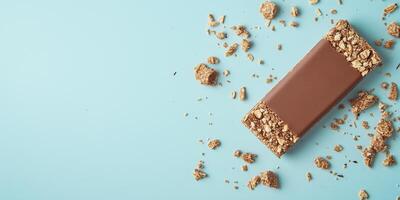 Protein bar on a flat surface with a smooth appearance, food setting photo
