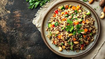 Quinoa salad on a serving plate featuring quinoa, vegetables, herbs, and nuts, meal photography photo