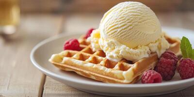 Scoop of ice cream placed on top of a waffle, displayed on a dessert plate, food setting photo