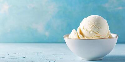 Vanilla ice cream in a bowl, slightly melting at the edges on a hot day, meal photography photo