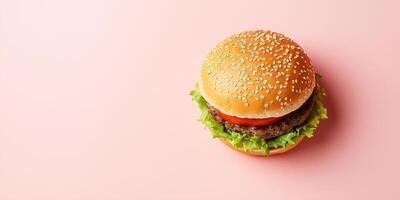Single burger, fully assembled, lying flat on a clean background, food setting photo