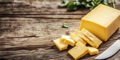 Sliced cheddar cheese block on a wooden surface with a knife nearby, meal photography photo