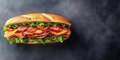 Sub sandwich with visible layers of meat and cheese, lying flat on a plain surface, food setting photo