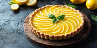 Tart filled with lemon curd, garnished with thin strips, set on a wooden board, food setting photo