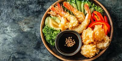 Tempura platter with shrimp and vegetables, accompanied by dipping sauce, food setting photo