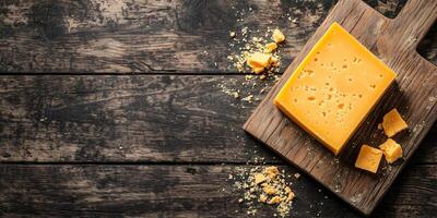 Top view of a cheddar cheese block on a wooden cutting board with crumbs, food setting photo
