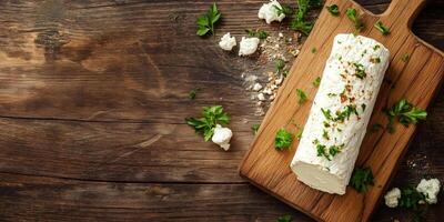 Top view of a goat cheese log on a wooden cutting board with crumbs around, food setting photo