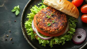 Veggie patty on a bun with lettuce, tomato, and onions on a plate, meal photography photo
