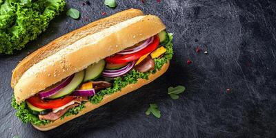 Veggie sub sandwich cut in half, showing colorful vegetables, food setting photo